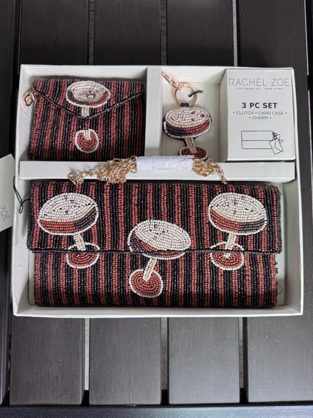 NWT Rachel Zoe Beaded Espresso Martini Clutch 3 Pc Set